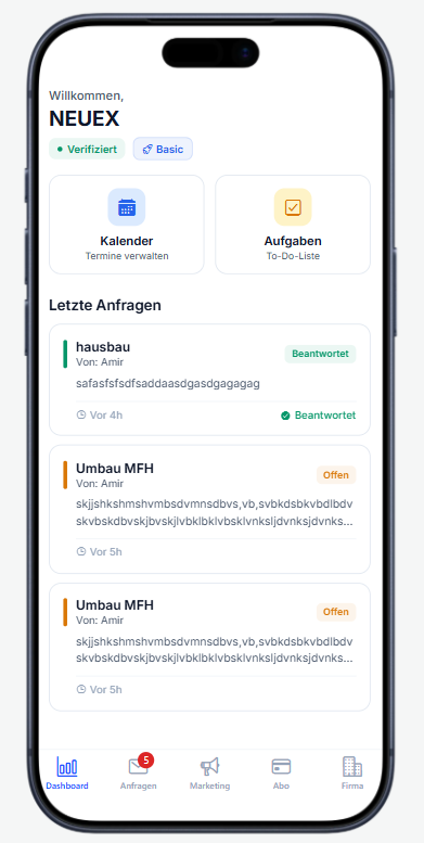 Dashboard mit Anfragen